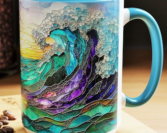 Ocean Waves Coffee Mug Stained Glass Coastal Beach Ceramic Mug Beach House Gift Beach Lover Cup Coastal Home Decor Ocean Themed Gift 15oz