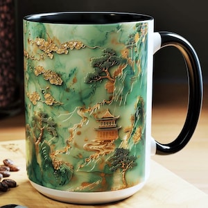 Jade Green Asian Landscape Mug Gold Ceramic Tea Cup