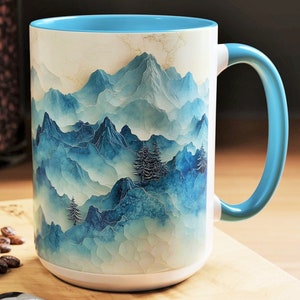 Winter Mountain Coffee Mug: Snowy Landscape Print, Ceramic 15oz