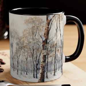 Snowy Birch Forest Mug: Watercolor Winter Landscape Coffee Cup