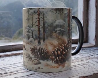 Winter Forest Color Changing Mug Snowy Pinecone Coffee Mug Heat Sensitive Winter Mug Winter Woodland Tea Cup Scenic Winter Mug 11oz Cup