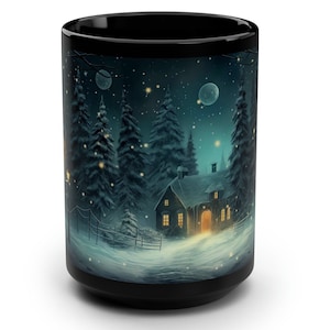 Snowy Winter Night Mug Christmas Coffee Cup 15oz Black Ceramic Holiday