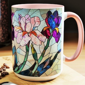 Gebrandschilderd glas Iris bloem koffiemok: bloemenkunst print keuken decor