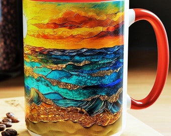 Ocean Sunrise Mug Coastal Waves Coffee Cup Bright Beach Ceramic Mug Stained Glass Style Art Summer Gift for Her 15oz Beach House Decor