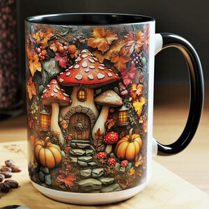 Fairy Mushroom House Mug, Autumn Pumpkin Cottagecore Cup, Fantasy Fall Coffee Mug, Whimsical Toadstool Home Gift, 15oz Ceramic