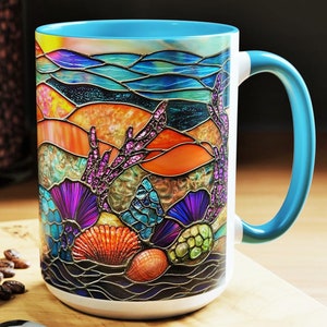 Stained Glass Coral Reef Coffee Mug: Vibrant Ocean Sunset Design