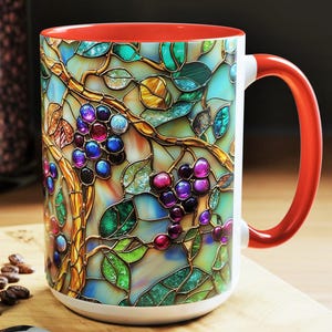 Grapevine Coffee Mug Stained Glass Vineyard Floral Cup Wine Lover Gift for Her Elegant Ceramic Mug Botanical Mother’s Day Gift