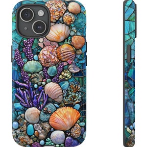 Stained Glass Coral Reef Phone Case Seashell Mosaic Art Cover Iridescent Ocean Aesthetic Print Seafoam Aqua Beach Lover Gift iPhone Samsung