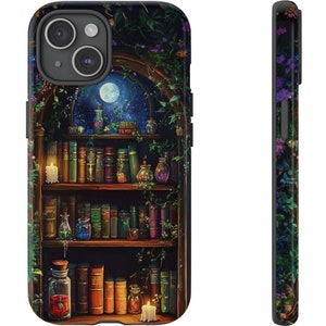 Custodia per telefono con libreria incantata, pozioni floreali magiche, design al chiaro di luna, cover per iPhone e Samsung