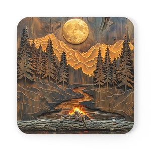 Rustic Mountain Coaster Set Nature Forest Camping Outdoor Cabin Decor