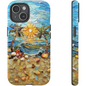 Ocean Waves Phone Case Beach Palm Tree Iphone & Samung Case Faux Stained Glass Print Cover Summer Vibes Gift For Mom Seashell Art Print Her