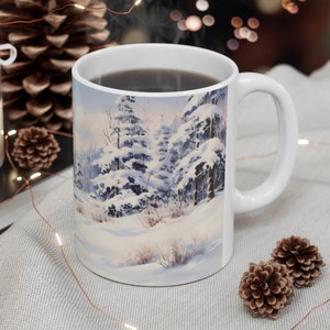 Festive Winter Mug Holiday Evergreen Cup Winter Gift Idea Cozy Winter Mug Ceramic Forest Drinkware Pine Tree Art Snowy Evergreen Coffee Mug