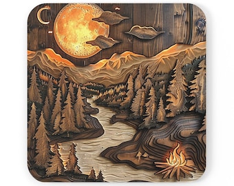 Mountain Coasters Rustic Coaster Cork Back Coaster Campfire Coaster Outdoor Decor Camping Decor Camping Designs Coffee Coasters Pine Trees