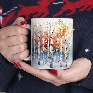Winter-Birkenbaum-Becher-Weihnachtskaffeetasse-Birken-Liebhaber-Geschenk 11 Unzen Winter-Szene-Keramikbecher-Urlaubs-Kaffeebecher verschneite Birkenbaum-Birken-Geschenk
