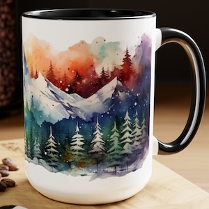 Watercolor Mountain Coffee Mug: Snowy Landscape Ceramic Tea Cup