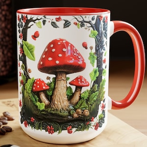 Toadstool Mushroom Mug Red Fly Agaric Forest Cup Whimsical Cottagecore Fungi Art Boho Nature Gift for Mycologist or Fairy Lover