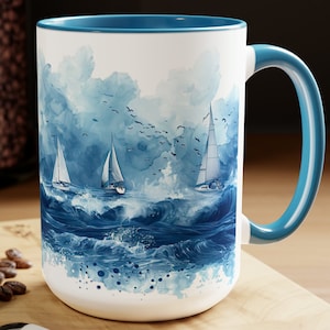 Watercolor Sailboat Mug: Coastal Ocean Waves Coffee Cup