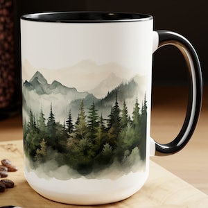 Evergreen Mountain Forest Mug: Misty Pine Tree Landscape, 15oz Ceramic