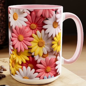Pink Daisy Flower Mug Botanical Floral 15oz Ceramic Coffee Cup Colorful Spring Tea Cup