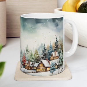 Cute Christmas Village Mug 11oz Xmas Ceramic Mug Winter Wonderland Mug Cute Winter Scene Mug Seasonal Village Coffee Cup Christmas Scene Mug