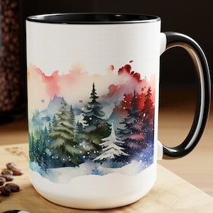 Festive Winter Mountain Mug Christmas Forest Coffee Cup with Snowy Landscape and Evergreen Cabin Scene 15oz