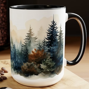 Watercolor Pine Tree Mug Rustic Forest Coffee Cup with Misty Woodland Landscape Nature 15oz Ceramic Drinkware