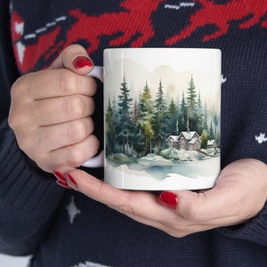 Festive Winter Mug Holiday Evergreen Cup Christmas Present Mug Ceramic Forest Drinkware Pine Trees Coffee Cup Watercolor Winter Trees Gift