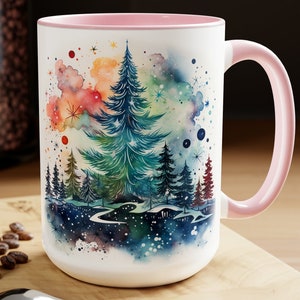 Watercolor Winter Mug Pastel Evergreen Tree Coffee Cup Snowy Christmas Landscape Mug Cute 15oz Ceramic Gift for Her