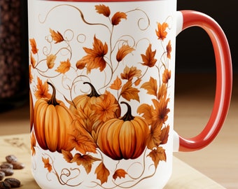 Pumpkin Fall Ceramic Mug: Rustic Autumn Coffee Cup, 15oz