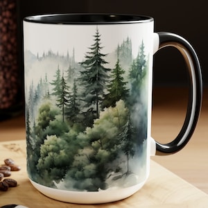 Misty Forest Mug: Watercolor Evergreen Tree Coffee Cup - 15oz