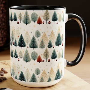 Evergreen Trees Christmas Mug Retro Snowy Winter Holiday Coffee Cup 15oz Ceramic