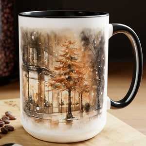 Watercolor Christmas Tree Mug: Snowy Cityscape Coffee Cup