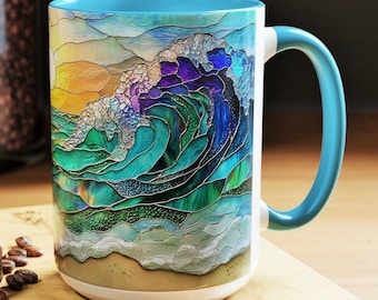 Verre teinté océan vague tasse tasse à café côtière colorée plage lever du soleil en céramique 15 oz