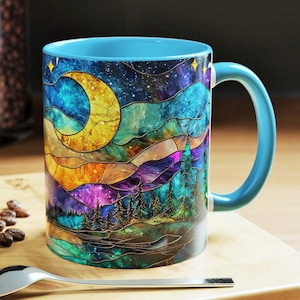 Stained Glass Northern Lights Mug Aurora Borealis Coffee Cup with Crescent Moon Mountains and 11oz Ceramic