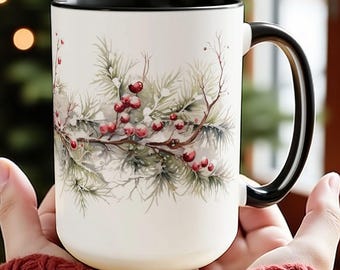 Hiver enneigé et baies de pin Tasse Tasse à café des Fêtes Guirlande de Noël Verres en céramique, 15 oz