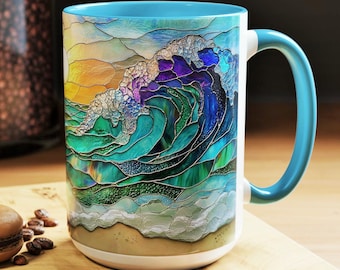 トロピカルサンセットコーヒーマグ：ハイビスカスの花柄、ビーチハウス