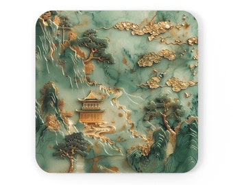 Corkwood Coaster Asian Corkwood Coasters Oriental Coaster Japanese Gifts Chinese Art Zen Decor Coaster Set Asian Jade Carving Home Decor