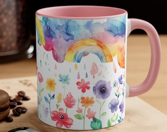 Spring Floral Rainbow Mug Flower And Rainbow Coffee Cup Rainy Clouds Spring Mug Floral Rainbow Tea Mug Flower And Cloud Spring Vibes Mug