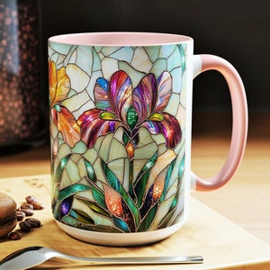 Stained Glass Iris Flowers Mug Purple Floral Ceramic Coffee Cup 11oz 15oz