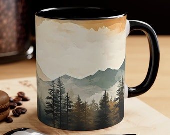 Watercolor Mountain Scene Mug Artistic Alpine Landscape Mug Painterly Mountain Drinkware Nature Inspired Watercolor Mug Mountain Range 11oz