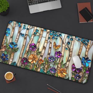 Stained Glass Birch Trees Desk Mat Botanical Floral Mouse Pad Wildflower Forest Office Decor