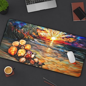 Stained Glass Sunset Desk Pad: Tropical Beach Home Office Decor