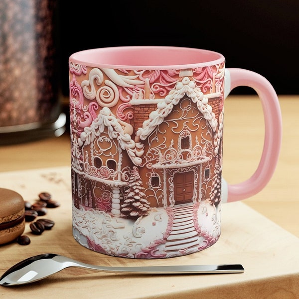 Pink Gingerbread Mug Gingerbread House Cup Whimsical Pink Drinkware Unique Holiday Mug Christmas Coffee Cup Pink Ceramic Gingerbread Mug
