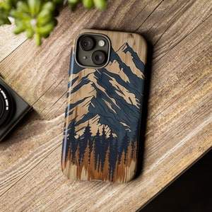 Étui pour téléphone montagne en bois imprimé protecteur de téléphone en bois montagne art housse pour Iphone montagne rustique inspiré de la nature accessoires pour téléphone cadeau