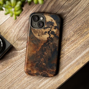 Portacellulare con luna e albero, paesaggio cinese, ciondolo per telefono asiatico, stampa in legno, cover per telefono con protezione albero di pino, fantasia montagna e alberi in legno