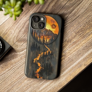 Mountain Moon Phone Case: Nature Inspired Wood Art Design