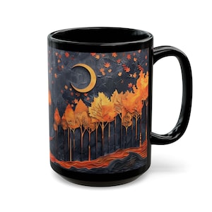 Autumn Forest Mug 15oz Black Ceramic Cup Fall Forest Scene Witchy Nature Decor Gothic Fall Gift for Her Cozy Seasonal Drinkware