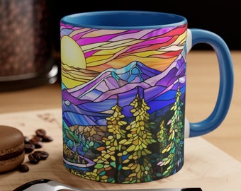 Stained Glass Mountan Mug Nature Inspired Coffee 11oz Outdoor Design Drinkware Mountain Scene Tea Mug Gift For Nature Lover Mountain Range