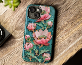 Pink Lotus Floral Phone Case: Chinese Art Bloom Cover with Charm