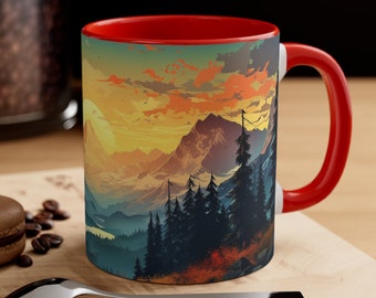 Mountain Sunset Mug 11oz Sunset Landscape Coffee Mug Mountain Silhouette Tea Mug Watercolor Sunset Cup Nature Inspired Decor Adventure Gift